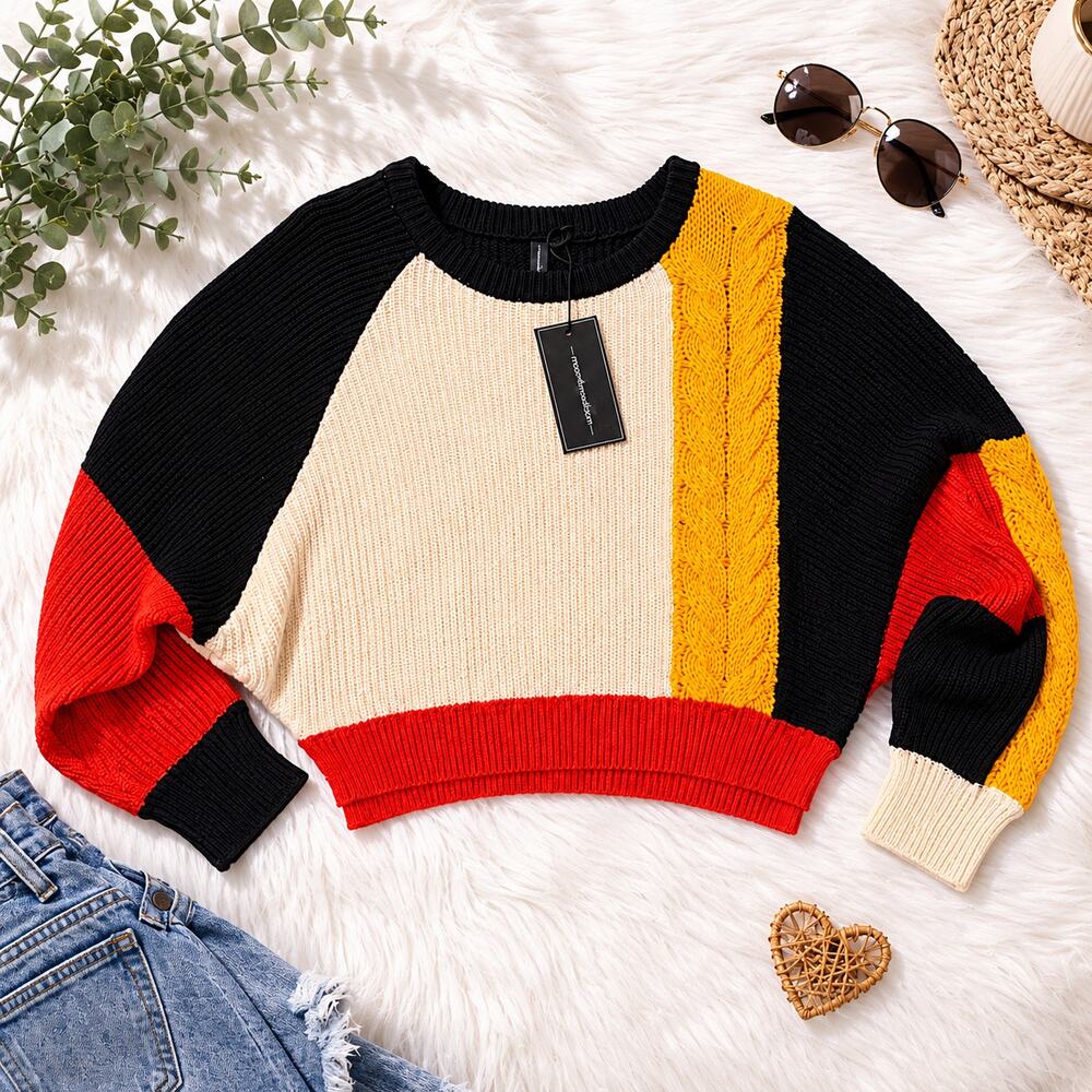 Moon & Madison Colorblock Cropped Knit Sweater NWT Size Large